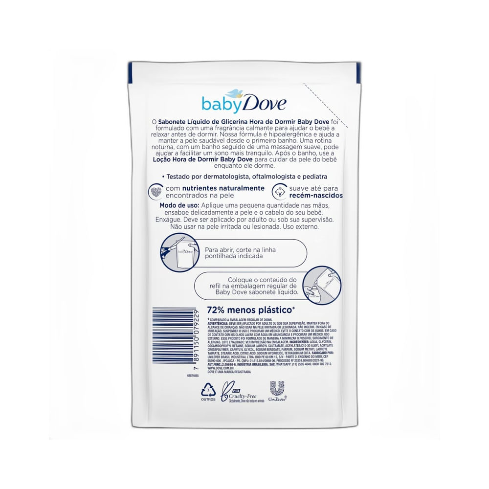 Parte traseira do refil Sabonete Líquido Baby Dove Glicerina Hora de Dormir 180ml